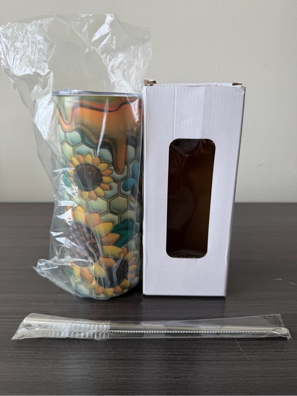 ZONEGRACE 20 oz Stainless Steel Skinny Tumbler Bee Happy Sunflower Straw Brush